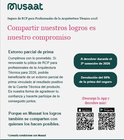 Musaat hace realidad el extorno: devolverá el 50% de la prima del seguro de RCP para Profesionales de la Arquitectura Técnica